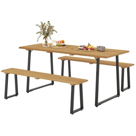 Table à manger en bois massif avec 2 bancs, ensemble de salle à manger 3 pièces pour 6 personnes, table 178 x 76 x 77 cm, bois naturel, avec trou pour parasol