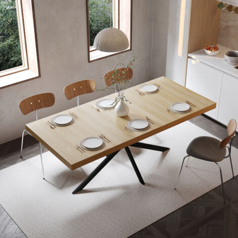 Table à manger escamotable vintage (4-6 personnes) 140-180 cm avec rangements cachés, plateau de couleur naturelle avec panneau central en relief ton sur couleur, adaptée aux salles à manger, cuisines