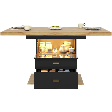 Table à manger extensible 110-140 x 80 x 75 cm avec éclairage LED intégré - Plateau bois et MDF - pour 6 personnes -naturel