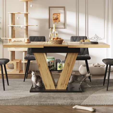 Table à manger extensible 110-140x80 cm, MDF effet bois, pieds V, glissières métal