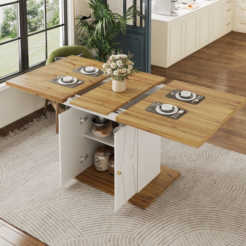 Table à manger extensible 110/140x70x76,5 cm avec rangement intégré, plateau MDF, pieds métal blanc