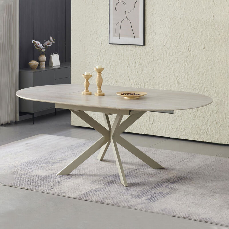 M&S – Table extensible 120-200 cm en mélamine effet travertin – Pieds en métal crème – Finition anti-rayures – Pour salle à manger moderne M&S – Table extensible 120-200 cm en mélamine effet travertin – Pieds en métal crème – Finition anti-rayures – Pour salle à manger moderne