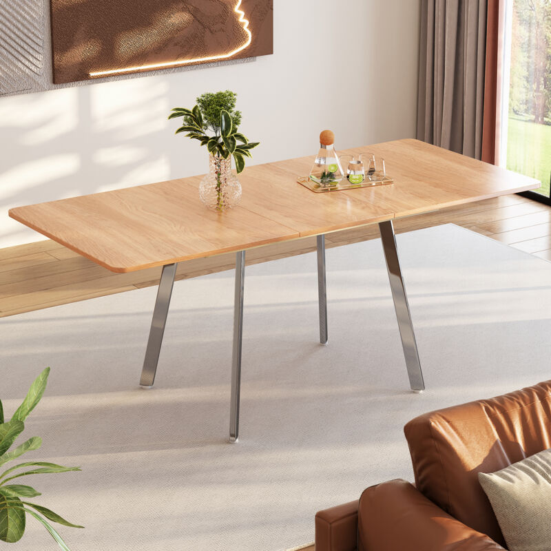 Wishdor - Table à manger extensible 140 x 80 cm avec pieds chromés argentés, naturel
