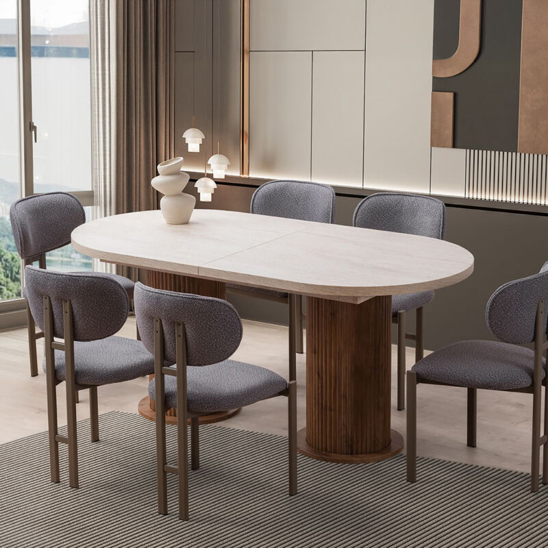 Table à manger extensible 180-216 cm décor travertin et bois noyer