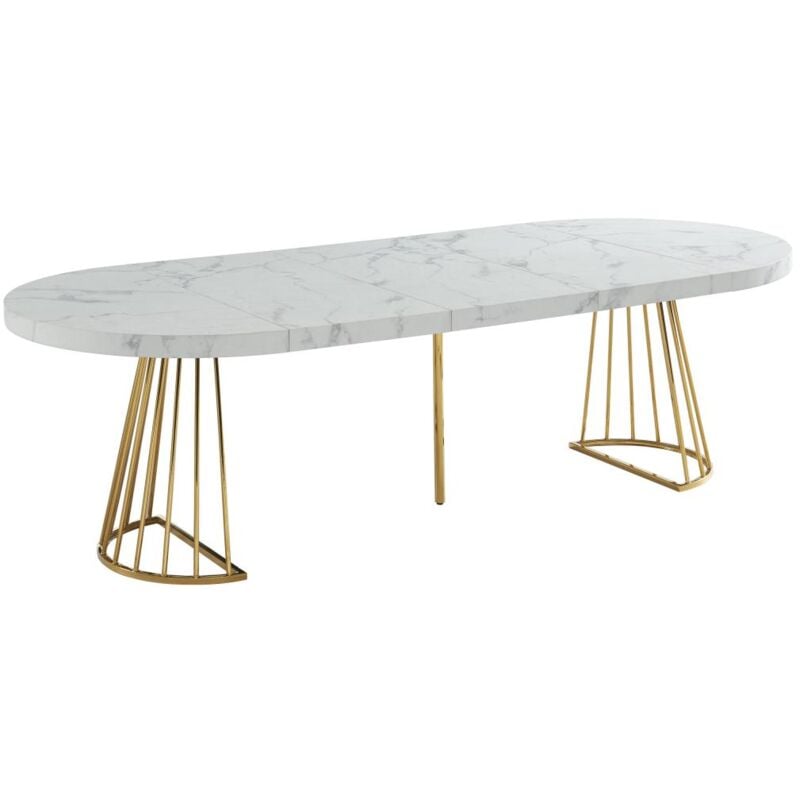 Vente-unique - Table à manger extensible 2 à 12 personnes en mdf et acier - Effet marbre blanc et doré - firela