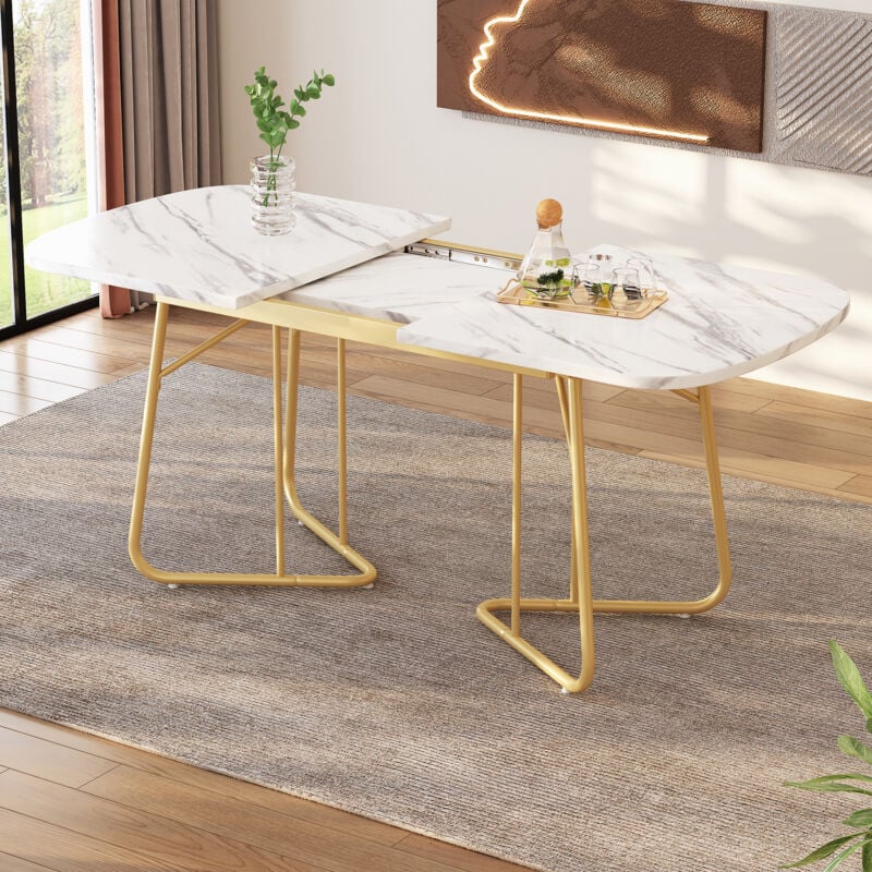 Modernluxe - Table à manger extensible 4 à 6 personnes en mdf et métal - plateau effet marble - Blanc & Doré