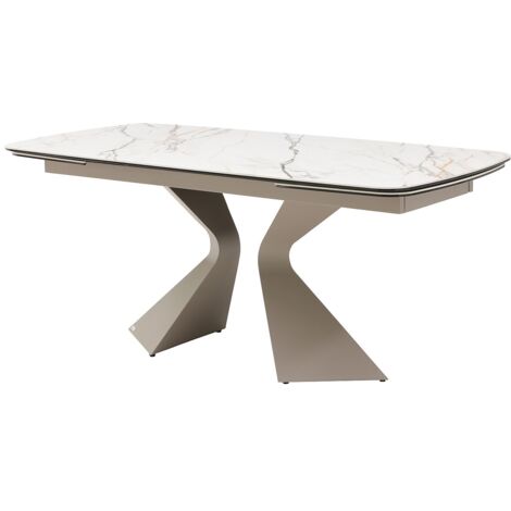 Table à manger extensible 6 à 10 personnes céramique, verre trempé et métal taupe - Effet marbre blanc - KAJARI de Maison Céphy