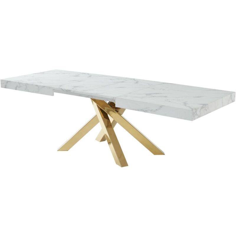 Vente-unique - Table à manger extensible 6 à 10 personnes en mdf et métal - Effet marbre blanc et doré - catonav