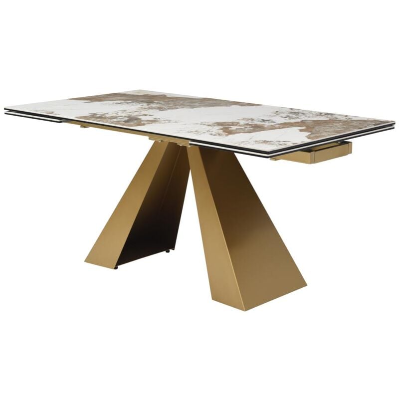 Vente-unique - Table à manger extensible 6 à 10 personnes en verre trempé, céramique et métal doré - Effet marbre blanc et taupe - lozipa de Maison