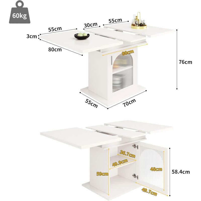 Table à Manger Extensible Aiducho Télescopique (140x80 cm), Design Naturel et Blanc, Pour 6-8 Personnes, Avec Espace de Rangement