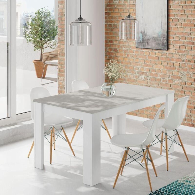 Mobimarket - Table de salle à manger extensible, couleur béton et blanc artik, Dimensions 140 x 78 x 90 cm