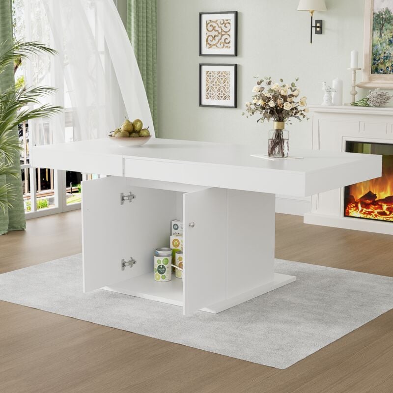 Modernluxe - Table à manger extensible - avec rangement en dessous - style moderne - Blanc