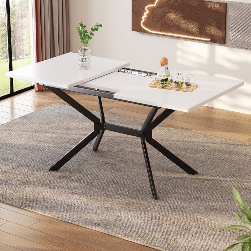 Table à manger extensible blanche 120/16080cm, pieds de table en métal noir, table à manger rectangulaire blanche, adaptée pour quatre à six personnes