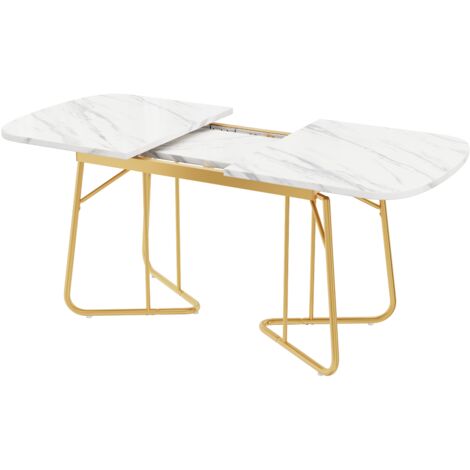 Table à Manger Extensible Blanche avec Structure Marbre, Pieds Métalliques Dorés, 140/180x80 cm, Style Luxueux pour 4 à 6 Personnes
