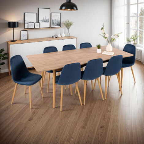 Table à manger extensible chêne + 8 chaises en velours bleu - UBELI