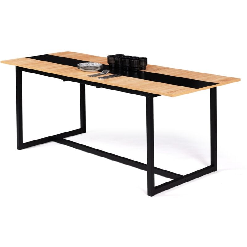 Table à manger extensible rectangle dover 6-10 personnes bande centrale noire design industriel 160-200 cm