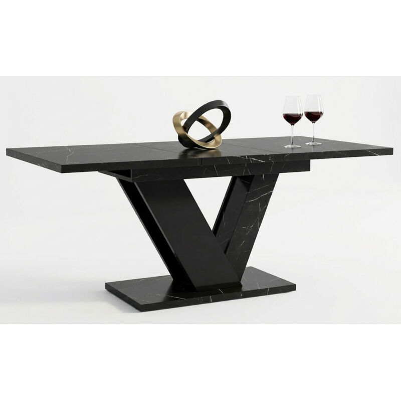 Table à manger extensible DUBLIN Marbre Noir et Noir laqué 120 à 160 cm 6 personnes