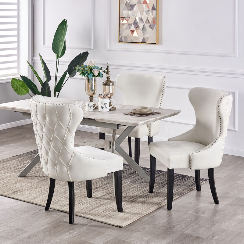 Table à Manger Extensible Effet Marbre Blanche & Grise + 4 Chaises en Velours Cloutées Beiges - Design & Moderne - L 140-180cm - Beige