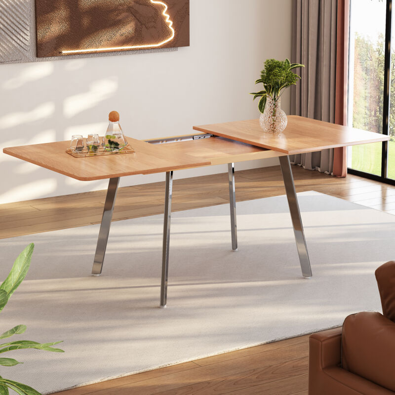 Table à manger extensible en mdf 4 - 6 personnes,Table Rectangulaire Style simple,Pieds chromés argentés,Support en alliage,Naturel 140 - 180cm