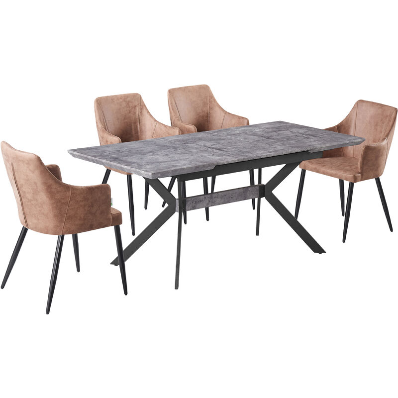 Table à Manger Extensible Grise + 4 Chaises Marron Clair - Style Design & Moderne - Marron Clair