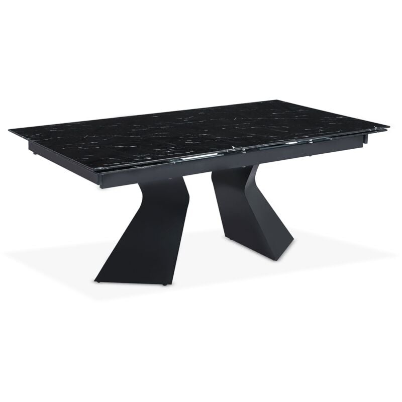 Cotecosy - Table à manger extensible Icaria en Verre effet marbre noir et pieds Métal Noir