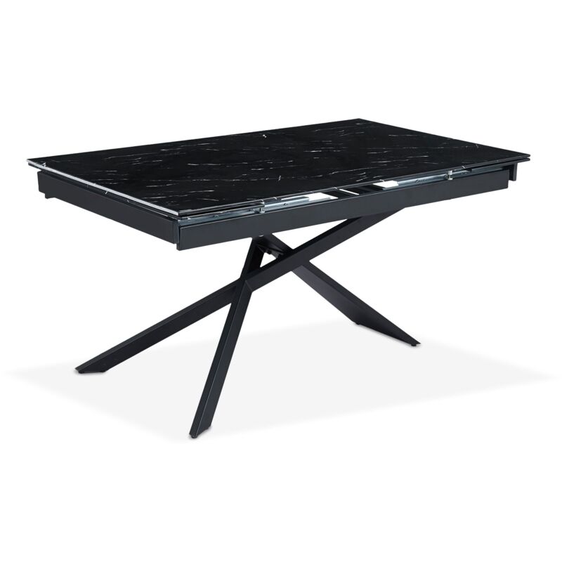 Cotecosy - Table à manger extensible Ismael en Verre effet marbre noir et pieds Métal Noir