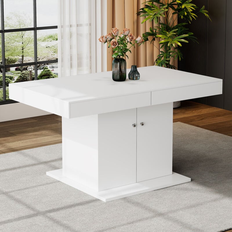 Table à manger extensible, table à manger multifonctionnelle 140/180x80x76 cm avec rangement, Panneau de particules, blanc