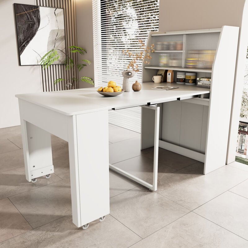 Hauss Spole - Table à manger extensible L52/132,5 x L80 x H120 cm, avec meuble de rangement, table de cuisine intégrée, blanc