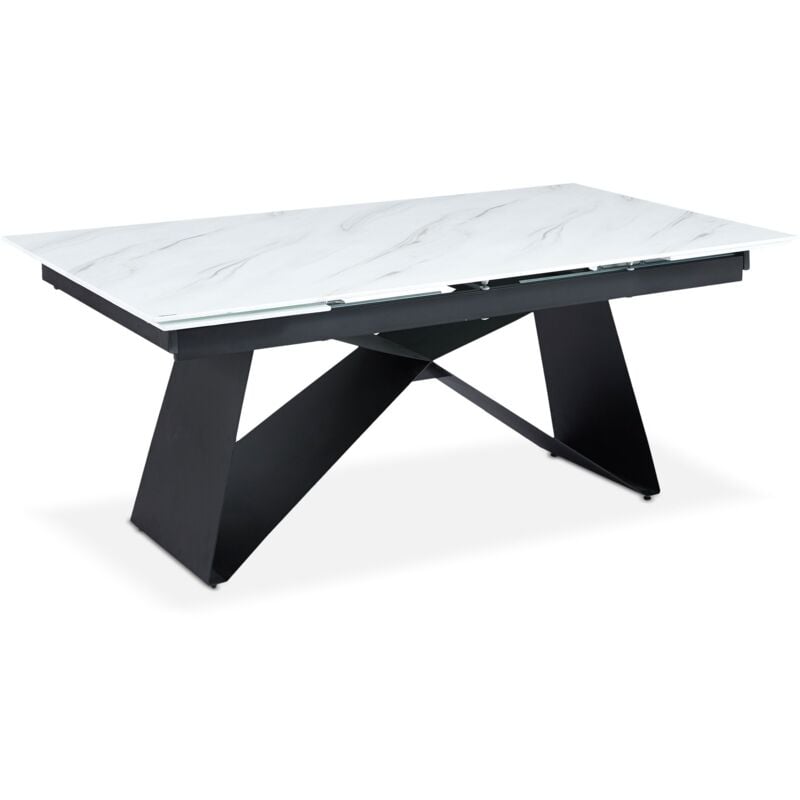 Cotecosy - Table à manger extensible Mogarie Verre Effet marbre blanc et pieds Métal Noir