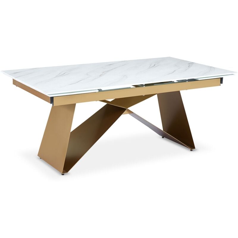 Cotecosy - Table à manger extensible Mogarie en Verre effet Marbre Blanc et pieds Or