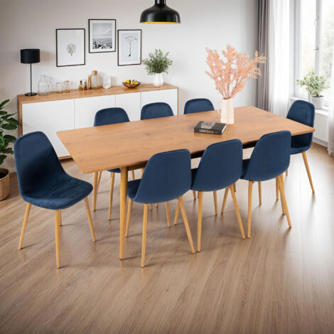 Table à manger extensible naturel + 8 chaises en velours bleu - UBELI