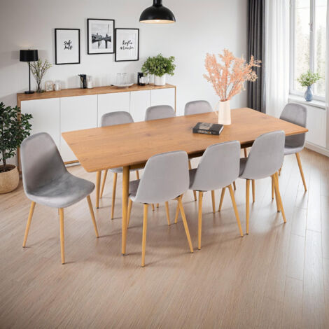 Table à manger extensible naturel + 8 chaises en velours gris - UBELI