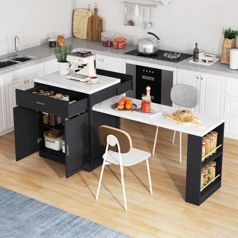 Table à manger extensible noir pour 4-6 personnes, îlot de cuisine, finition marbre blanc, prise électrique, armoire de rangement