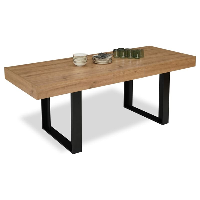 Table à manger extensible rectangle oregon avec rangement 6-10 personnes façon chêne et noir 160-200 cm