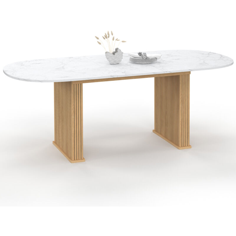 Table à manger extensible ovale JULIETTE 6-10 personnes pieds effet lattes et plateau effet marbre ALASKA 160-200 cm