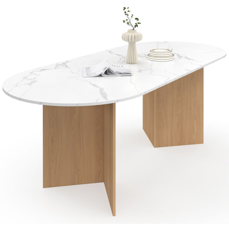 Table à manger extensible 6 -10 personnes plateau ovale marbre blanc et bois façon hêtre 160-200 cm
