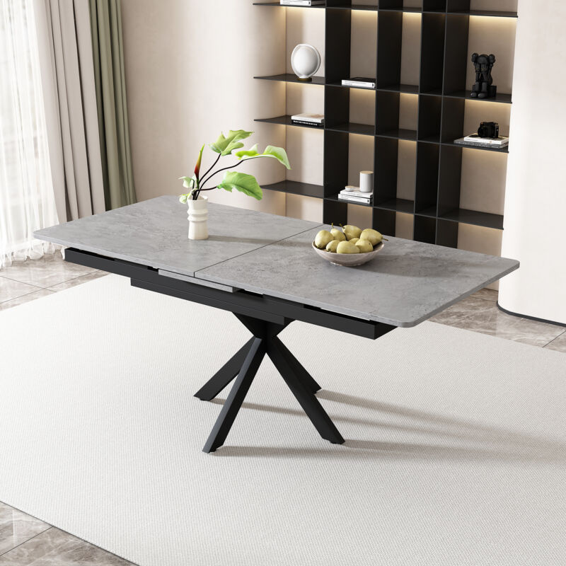 Modernluxe - Table à manger extensible - pieds croisés en fer forgé - plateau à motif de ciment - Gris & Noir