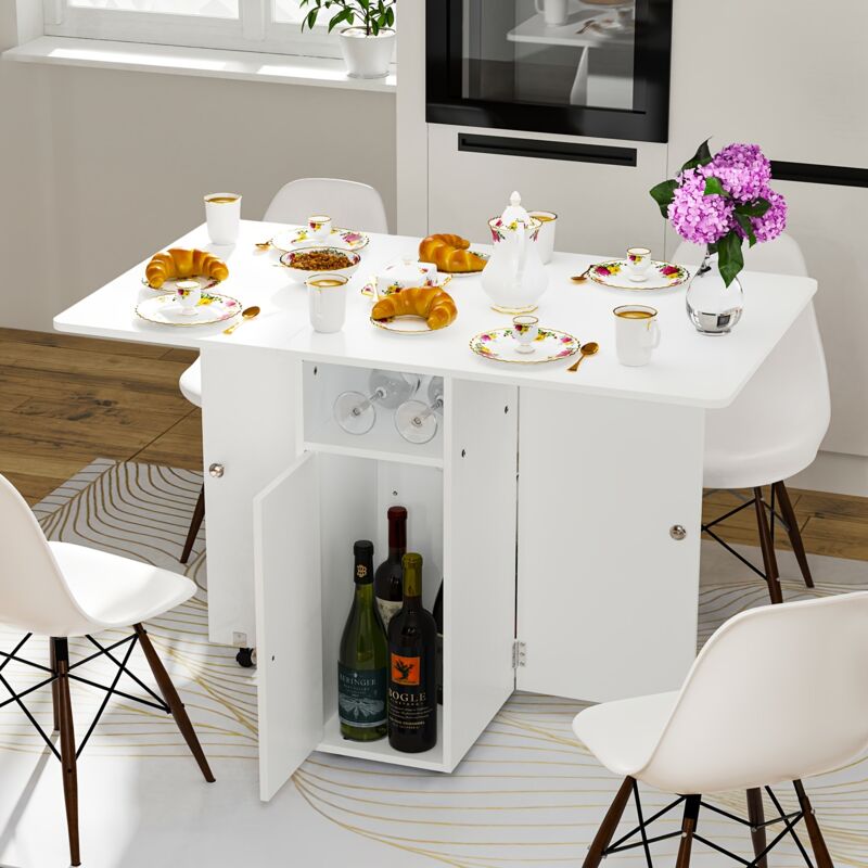 Sifree - Table à Manger Extensible & Pliable avec 3 Casiers de Rangement – Design Blanc Moderne 110x70x79cm (4-6 Pers.) Roulettes Bloquables &