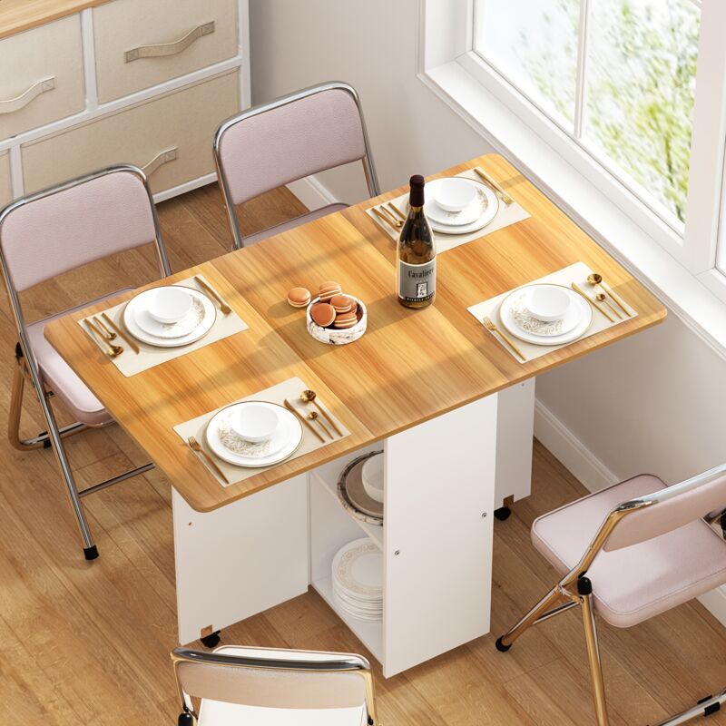 Sifree - Table à Manger Extensible & Pliable avec 3 Casiers de Rangement – Design Chêne Moderne 110x70x79cm (4-6 Pers.) Roulettes Bloquables &