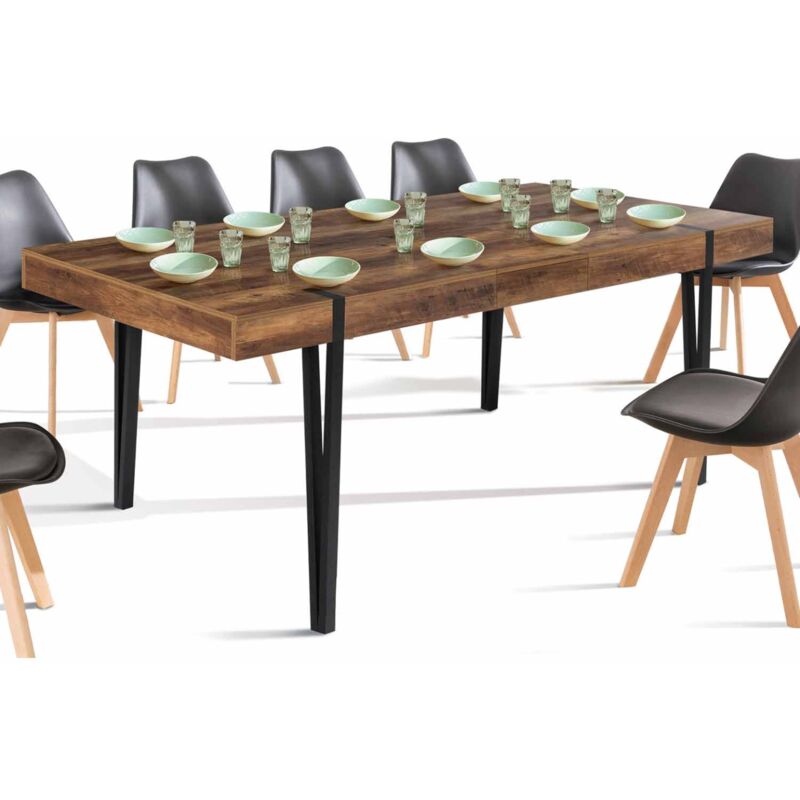 Table à manger extensible rectangle austria 6-10 personnes bois foncé pied épingle noir 160-200 cm