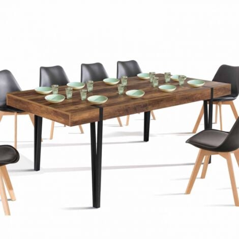 Table à manger extensible rectangle AUSTRIA 6-10 personnes bois foncé pied épingle noir 160-200 cm