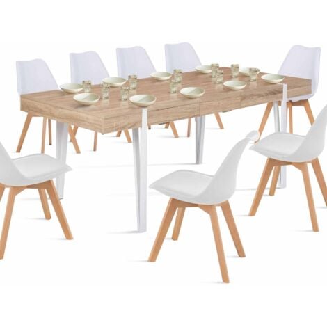 Table à manger extensible rectangle AUSTRIA 6-10 personnes bois pied épingle blanc 160-200 cm