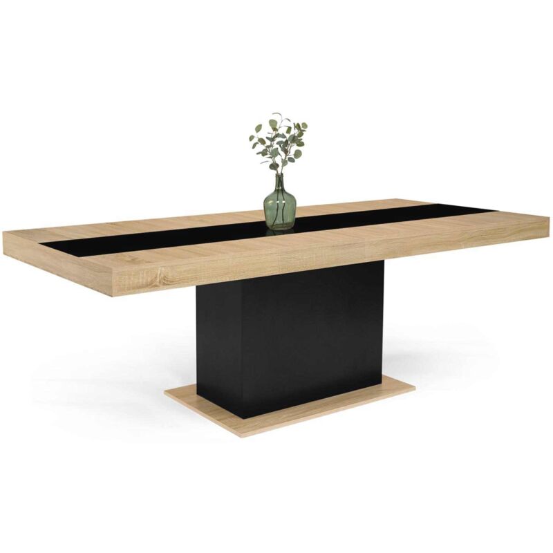Table à manger extensible bois et bande centrale noire 6-10 personnes