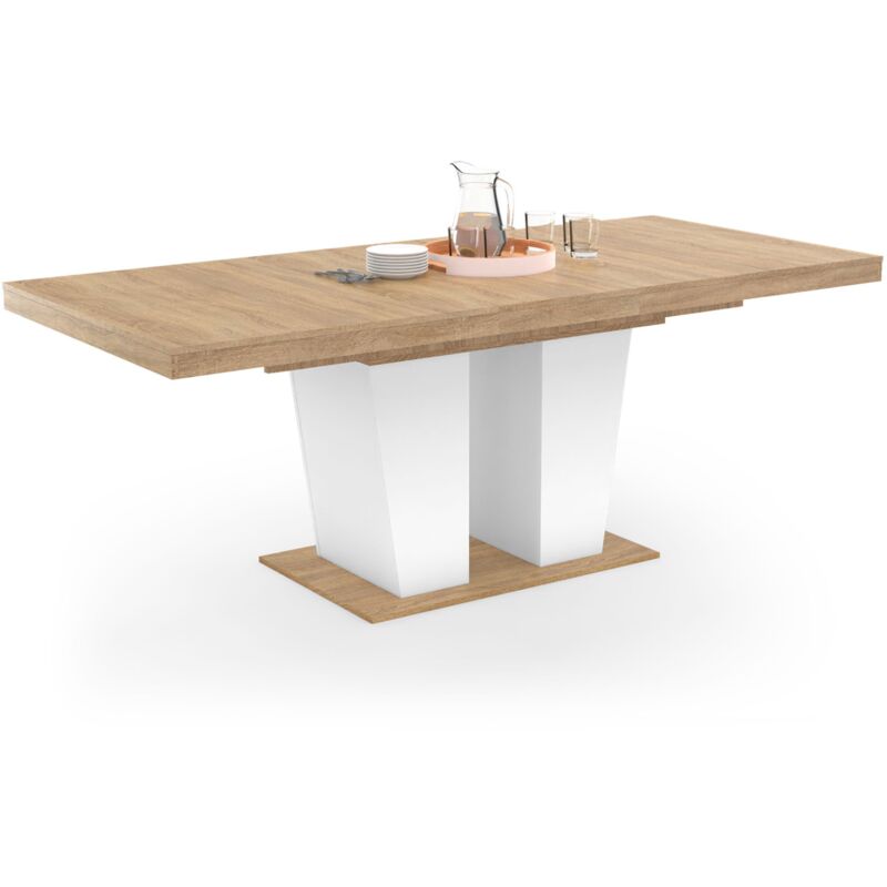 Table à manger extensible avec pied central bois et blanc