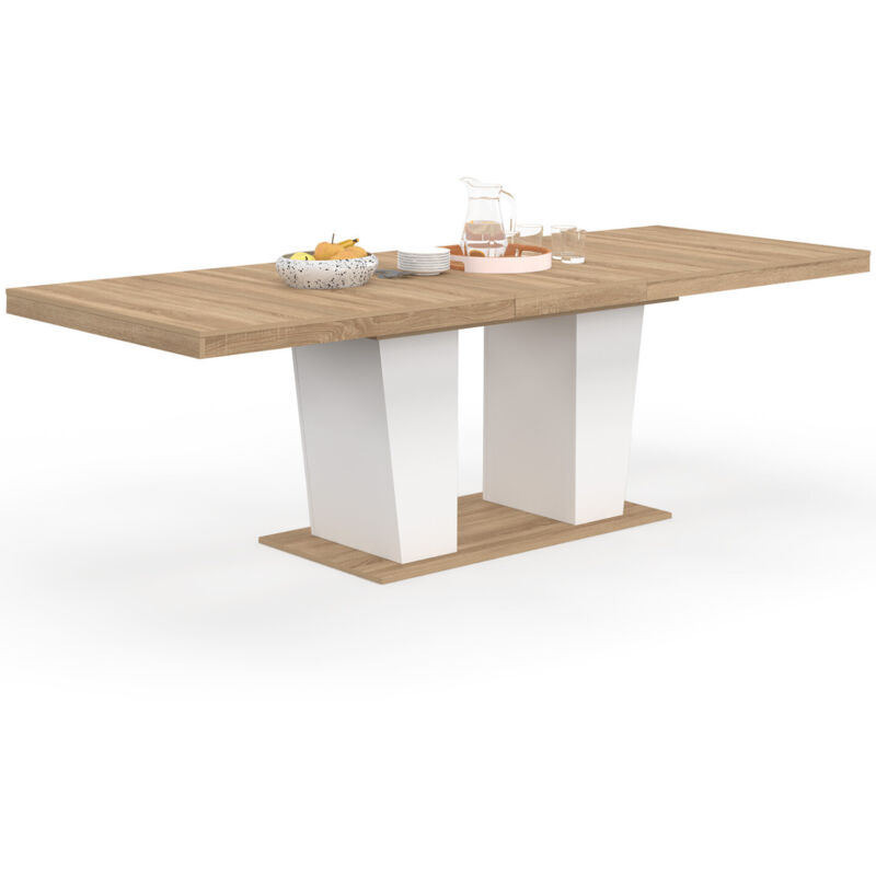 Table à manger extensible rectangle ELIAD 8-12 personnes bois et blanc 200-250 cm