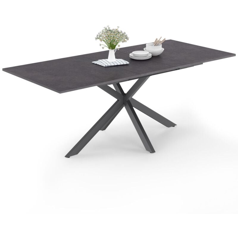 Table à manger extensible rectangle JASPE 6-10 personnes plateau effet béton pied araignée gris anthracite 160-200cm