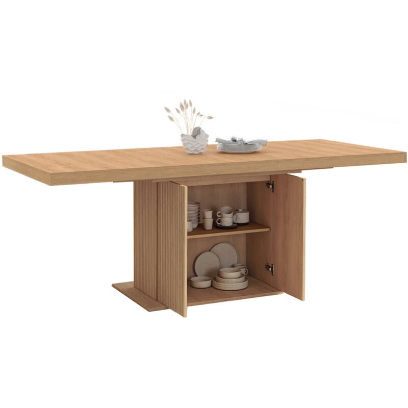 Idmarket - Table à manger extensible rectangle juliette 6-10 personnes pied central lattes tasseau bois avec rangement 160-200 cm