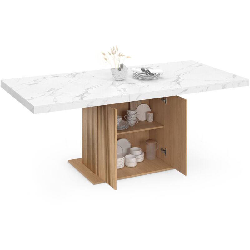 Table à manger extensible rectangle 6-10 personnes plateau effet marbre lattes tasseau bois avec rangement 160-200 cm
