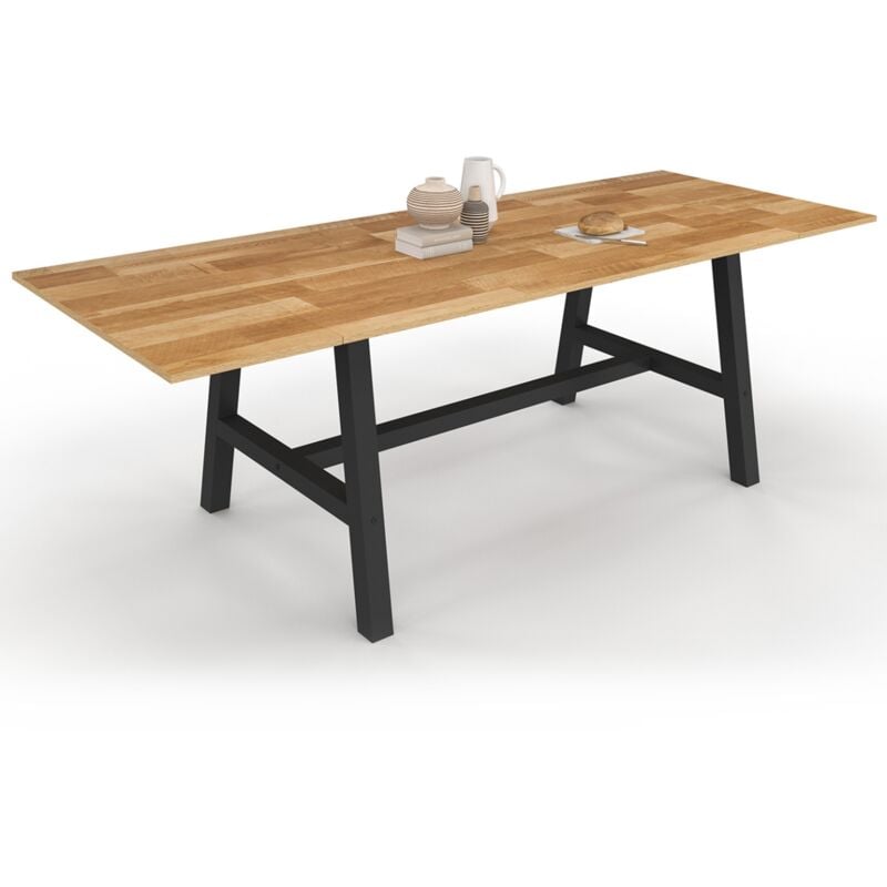 Table à manger extensible rectangle MADELEINE 6-12 personnes bois et métal noir 160-240 cm