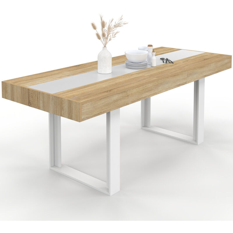 Idmarket - Table à manger extensible rectangle phoenix 4-8 personnes bois et blanc bande centrale blanche 160-200 cm